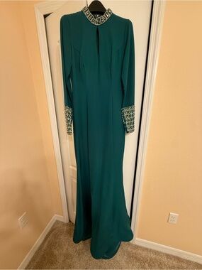 Teal Long-Sleeve Beaded Collar & Cuff Evening Dress